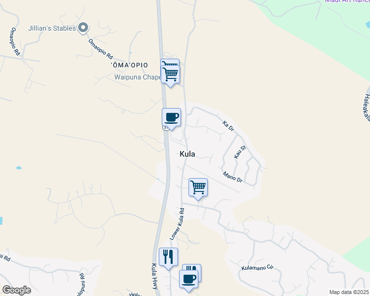 map of restaurants, bars, coffee shops, grocery stores, and more near 2044 Lower Kula Road in Kula