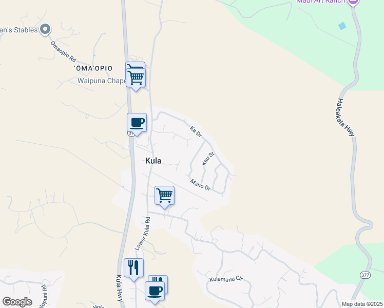 map of restaurants, bars, coffee shops, grocery stores, and more near 28 Mano Drive in Kula