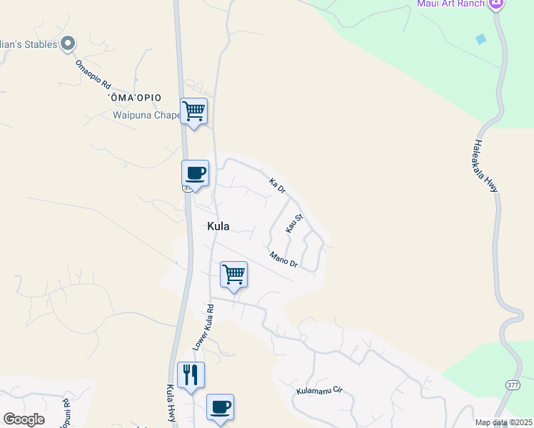 map of restaurants, bars, coffee shops, grocery stores, and more near 21 Lanipaa Way in Kula