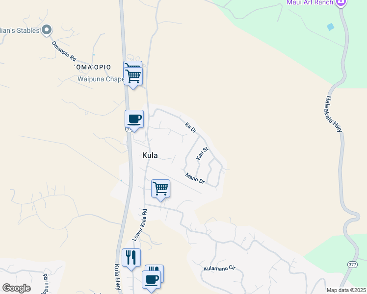 map of restaurants, bars, coffee shops, grocery stores, and more near 21 Lanipaa Way in Kula