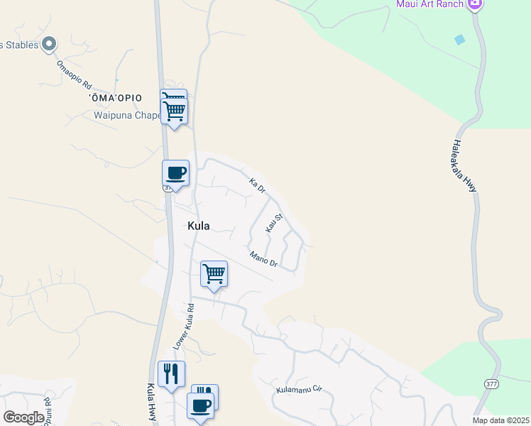 map of restaurants, bars, coffee shops, grocery stores, and more near 15 Mano Drive in Kula