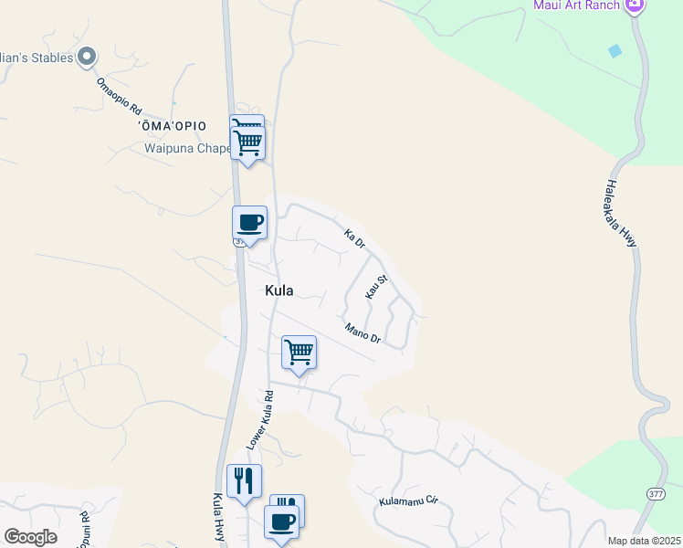 map of restaurants, bars, coffee shops, grocery stores, and more near 21 Lanipaa Way in Kula