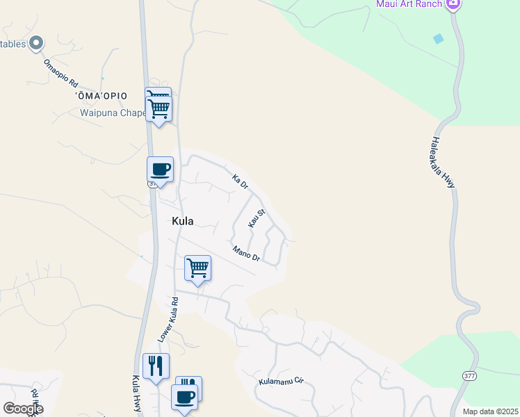 map of restaurants, bars, coffee shops, grocery stores, and more near 96 Ka Drive in Kula
