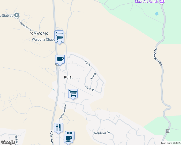 map of restaurants, bars, coffee shops, grocery stores, and more near 15 Mano Drive in Kula