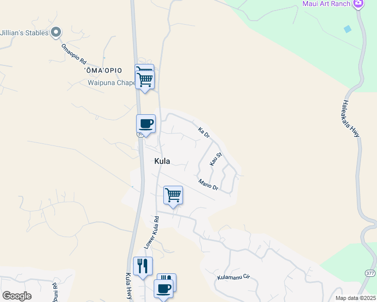 map of restaurants, bars, coffee shops, grocery stores, and more near 28 Lanipaa Way in Kula
