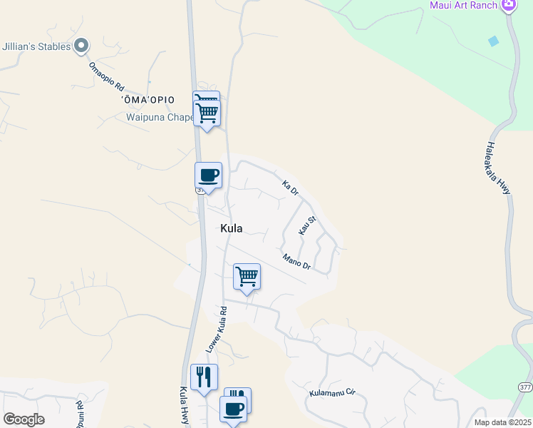 map of restaurants, bars, coffee shops, grocery stores, and more near 28 Lanipaa Way in Kula