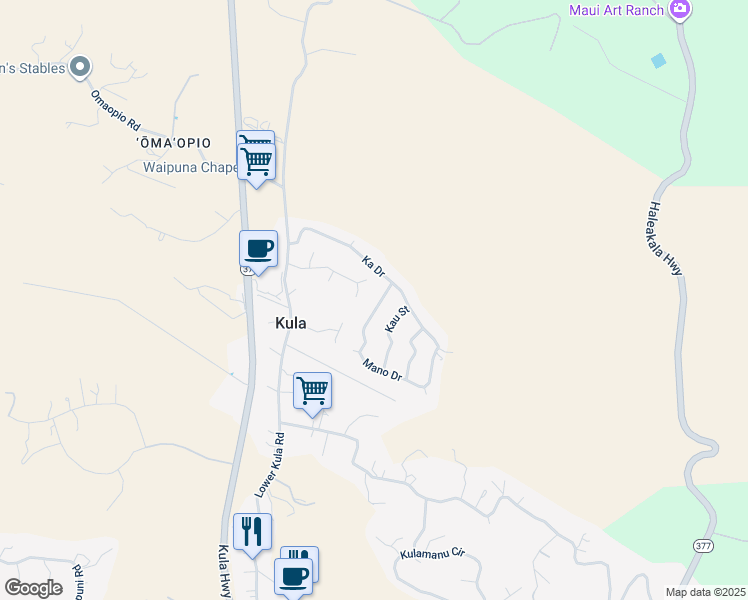 map of restaurants, bars, coffee shops, grocery stores, and more near 20 Mano Drive in Kula
