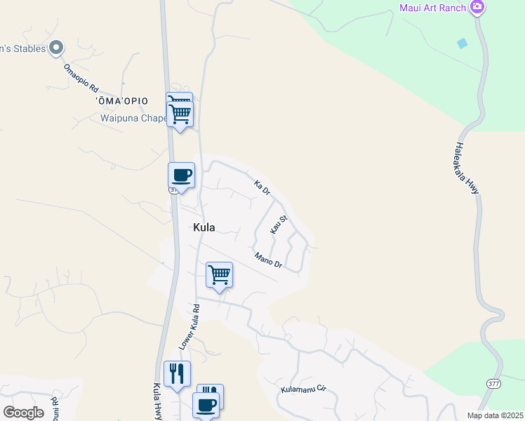 map of restaurants, bars, coffee shops, grocery stores, and more near 20 Mano Drive in Kula