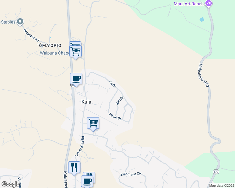 map of restaurants, bars, coffee shops, grocery stores, and more near 15 Mano Drive in Kula