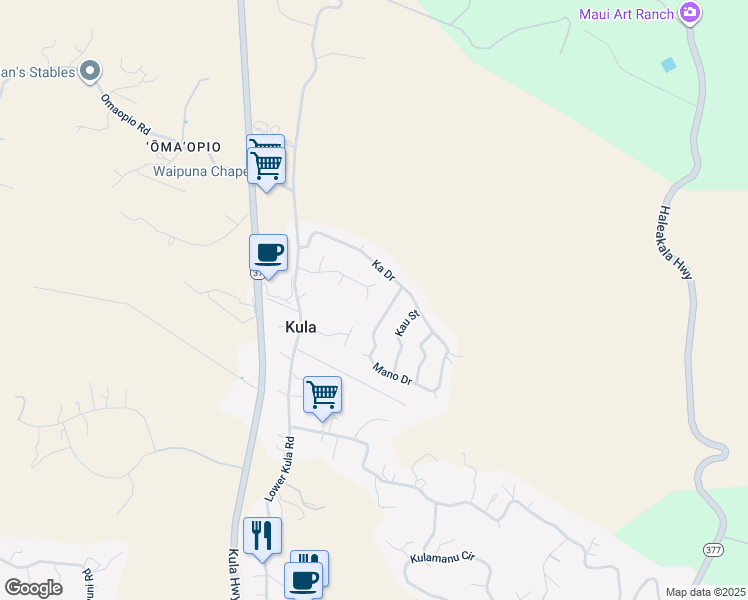 map of restaurants, bars, coffee shops, grocery stores, and more near 15 Lanipaa Way in Kula