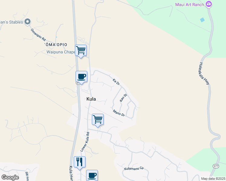 map of restaurants, bars, coffee shops, grocery stores, and more near 15 Lanipaa Way in Kula