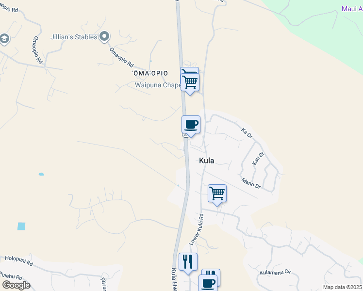 map of restaurants, bars, coffee shops, grocery stores, and more near 2710 Kula Highway in Kula