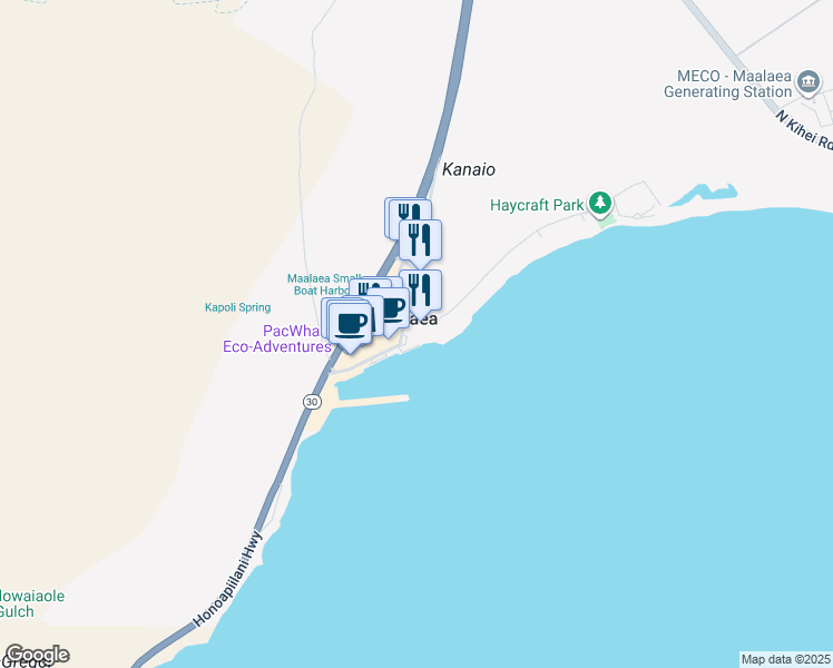 map of restaurants, bars, coffee shops, grocery stores, and more near 20 Hauoli Street in Wailuku