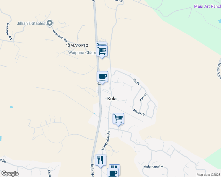 map of restaurants, bars, coffee shops, grocery stores, and more near 2003 Lower Kula Road in Kula