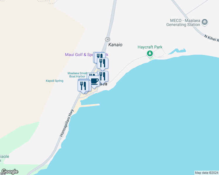 map of restaurants, bars, coffee shops, grocery stores, and more near 50 Hauoli Street in Wailuku