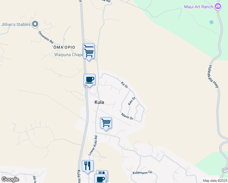 map of restaurants, bars, coffee shops, grocery stores, and more near 56 Lopaka Place in Kula