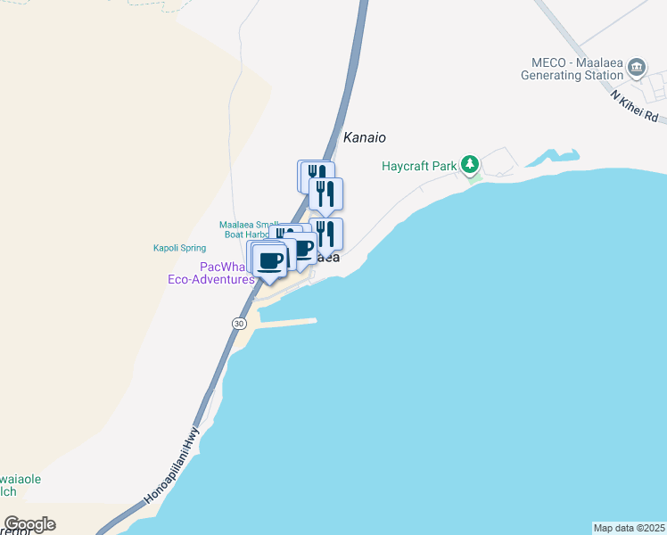 map of restaurants, bars, coffee shops, grocery stores, and more near 30 Hauoli Street in Wailuku
