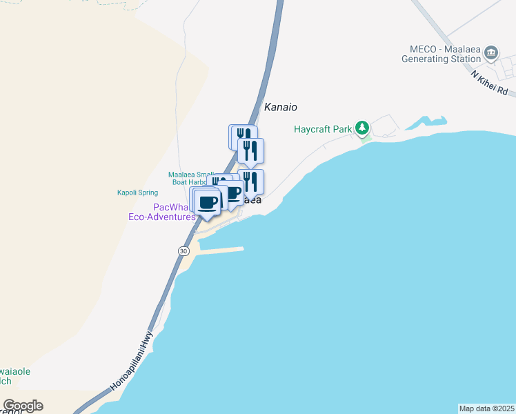 map of restaurants, bars, coffee shops, grocery stores, and more near 30 Hauoli Street in Wailuku