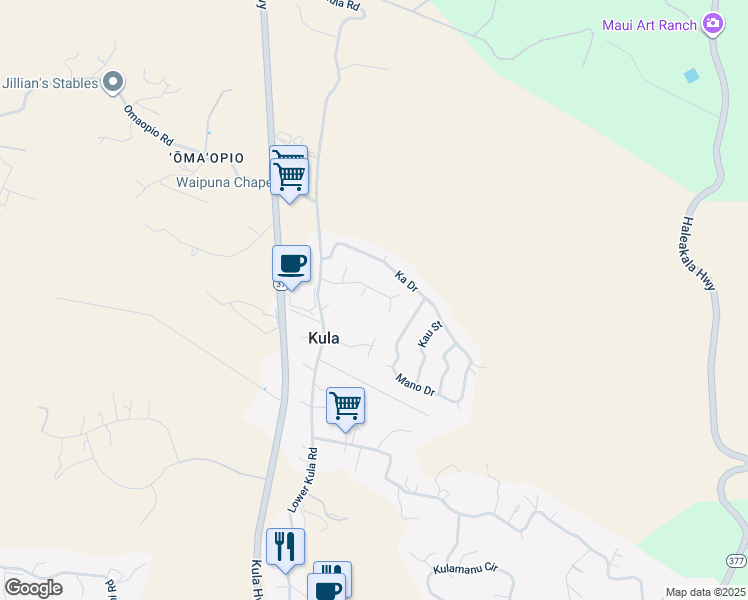 map of restaurants, bars, coffee shops, grocery stores, and more near 56 Lopaka Place in Kula