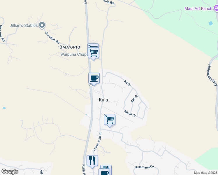 map of restaurants, bars, coffee shops, grocery stores, and more near 26 Lopaka Place in Kula