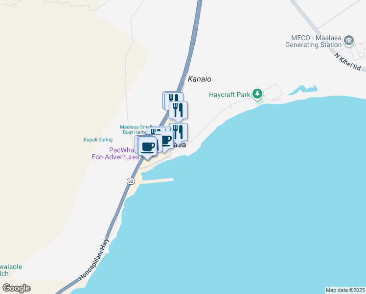 map of restaurants, bars, coffee shops, grocery stores, and more near 30 Hauoli Street in Wailuku