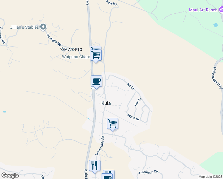 map of restaurants, bars, coffee shops, grocery stores, and more near 26 Lopaka Place in Kula