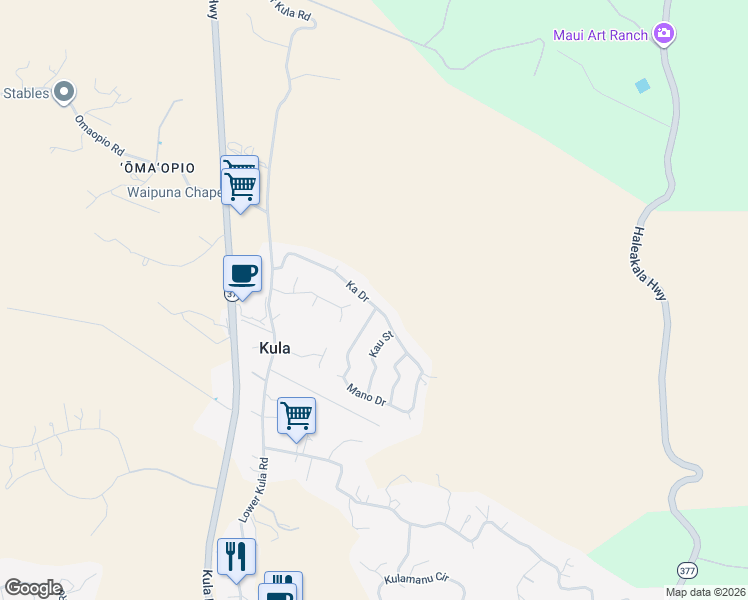 map of restaurants, bars, coffee shops, grocery stores, and more near 83 Ka Drive in Kula