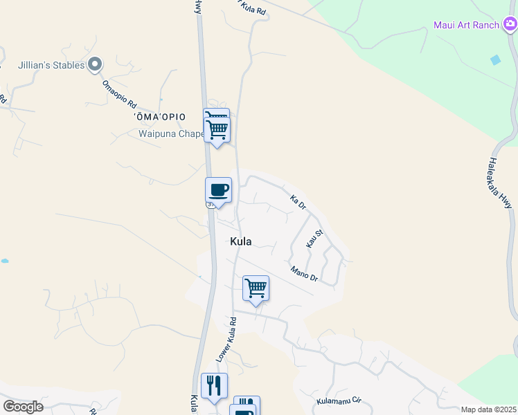 map of restaurants, bars, coffee shops, grocery stores, and more near 32 Lopaka Place in Kula