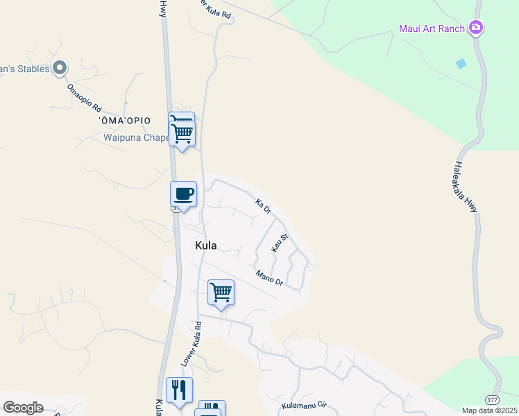 map of restaurants, bars, coffee shops, grocery stores, and more near 68 Ka Drive in Kula