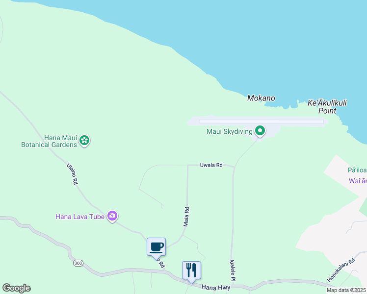 map of restaurants, bars, coffee shops, grocery stores, and more near 160 Uwala Road in Hana