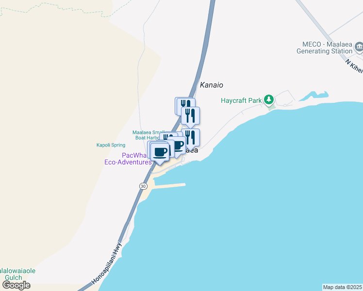 map of restaurants, bars, coffee shops, grocery stores, and more near 100 Maalaea Road in Wailuku