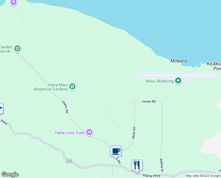 map of restaurants, bars, coffee shops, grocery stores, and more near 240 Uwala Road in Hana