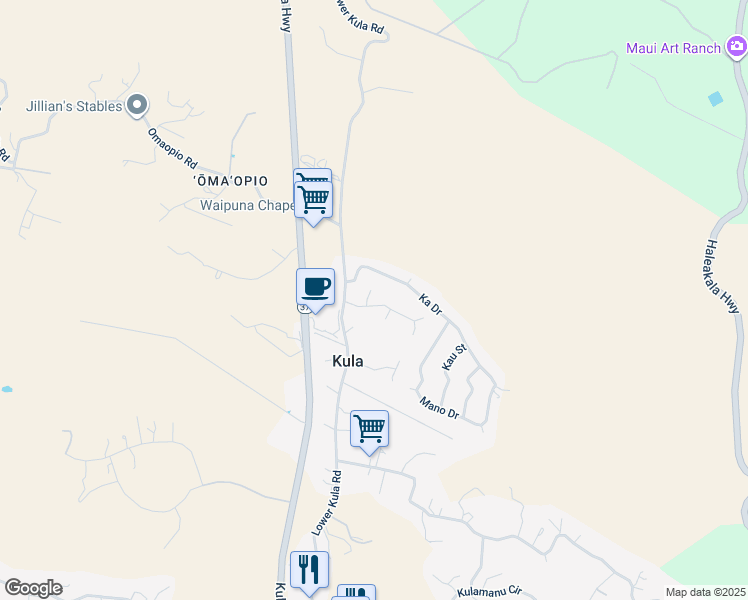 map of restaurants, bars, coffee shops, grocery stores, and more near 10 Lopaka Place in Kula