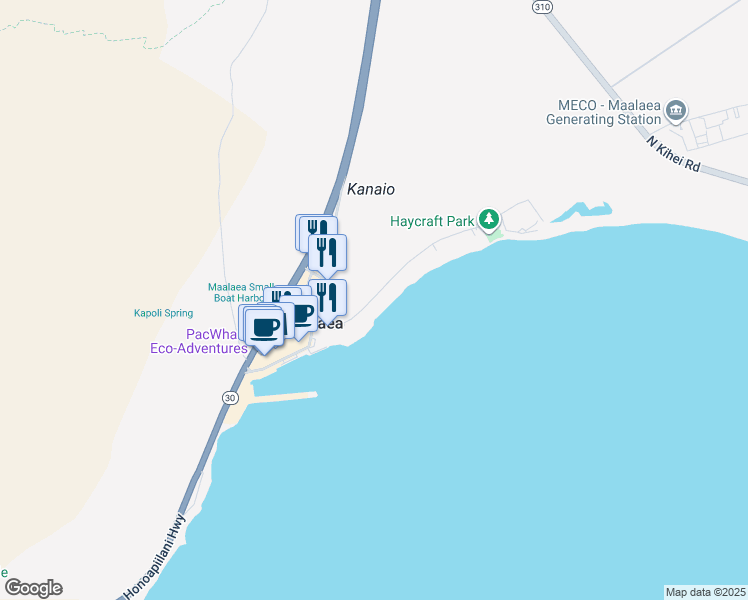 map of restaurants, bars, coffee shops, grocery stores, and more near 24 Hauoli Street in Wailuku