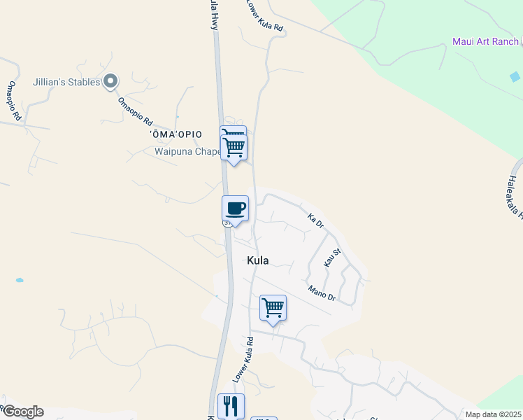 map of restaurants, bars, coffee shops, grocery stores, and more near 1875 Lower Kula Road in Kula