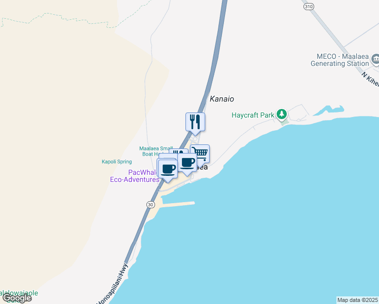 map of restaurants, bars, coffee shops, grocery stores, and more near 100 Maalaea Road in Wailuku