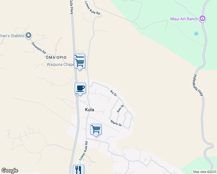 map of restaurants, bars, coffee shops, grocery stores, and more near 55 Ka Drive in Kula