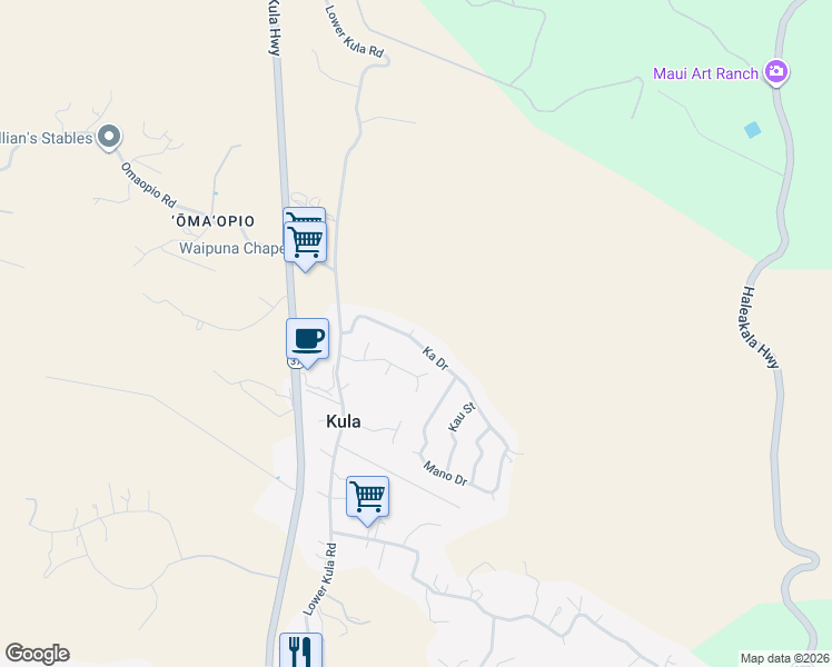 map of restaurants, bars, coffee shops, grocery stores, and more near 53 Ka Drive in Kula