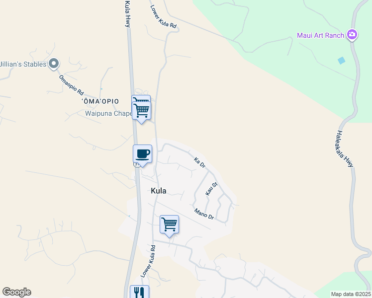 map of restaurants, bars, coffee shops, grocery stores, and more near 47 Ka Drive in Kula