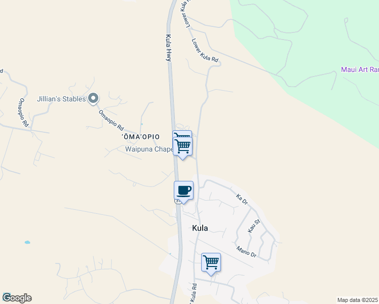 map of restaurants, bars, coffee shops, grocery stores, and more near 12 Omaopio Road in Kula