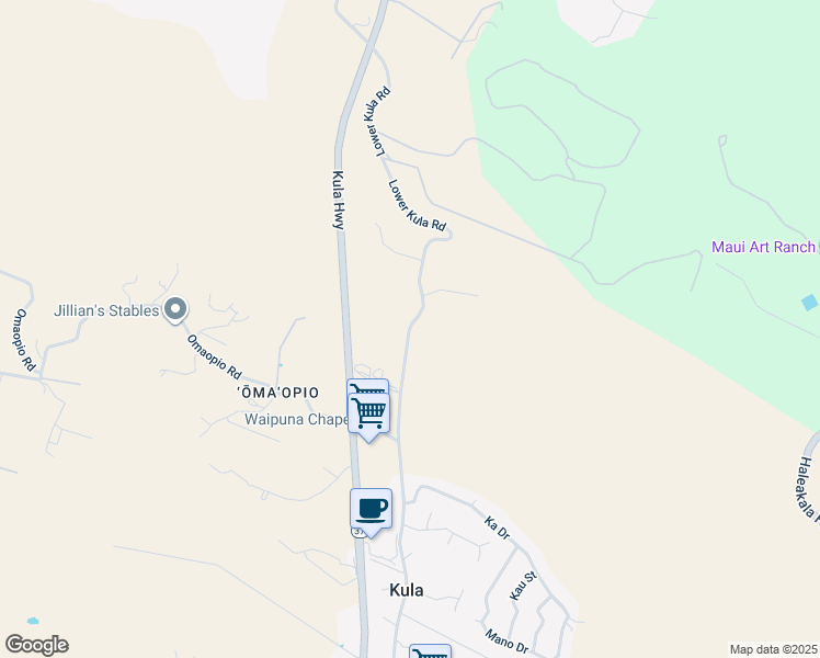 map of restaurants, bars, coffee shops, grocery stores, and more near Lower Kula Road in Maui County