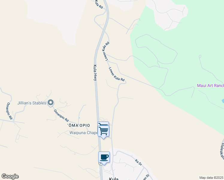 map of restaurants, bars, coffee shops, grocery stores, and more near 1257 Lower Kula Road in Kula