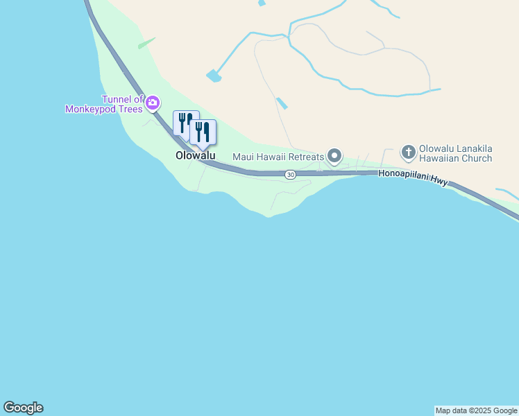 map of restaurants, bars, coffee shops, grocery stores, and more near 11505 Hawaii 30 in Lahaina