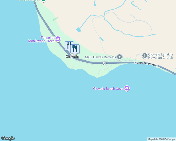 map of restaurants, bars, coffee shops, grocery stores, and more near 11499 Hawaii 30 in Lahaina