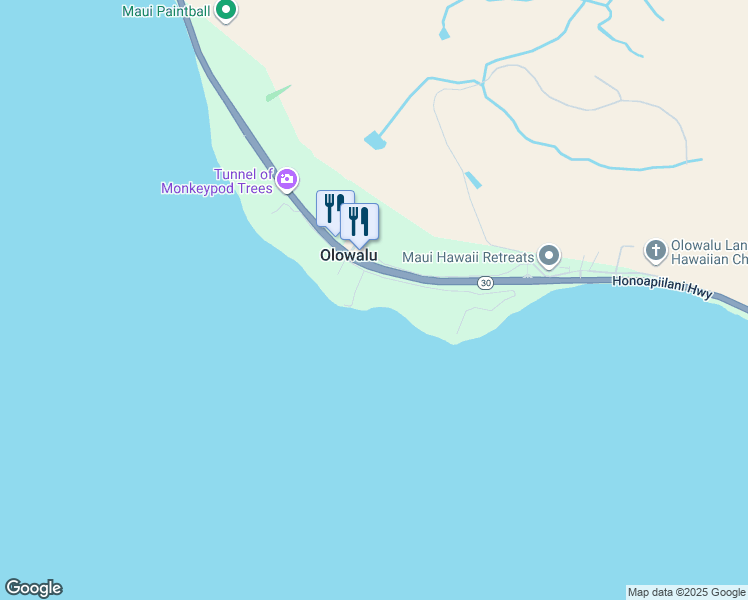 map of restaurants, bars, coffee shops, grocery stores, and more near 11485 Hawaii 30 in Lahaina