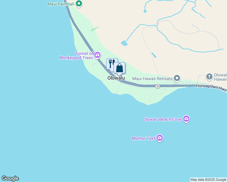 map of restaurants, bars, coffee shops, grocery stores, and more near 11505 Hawaii 30 in Lahaina