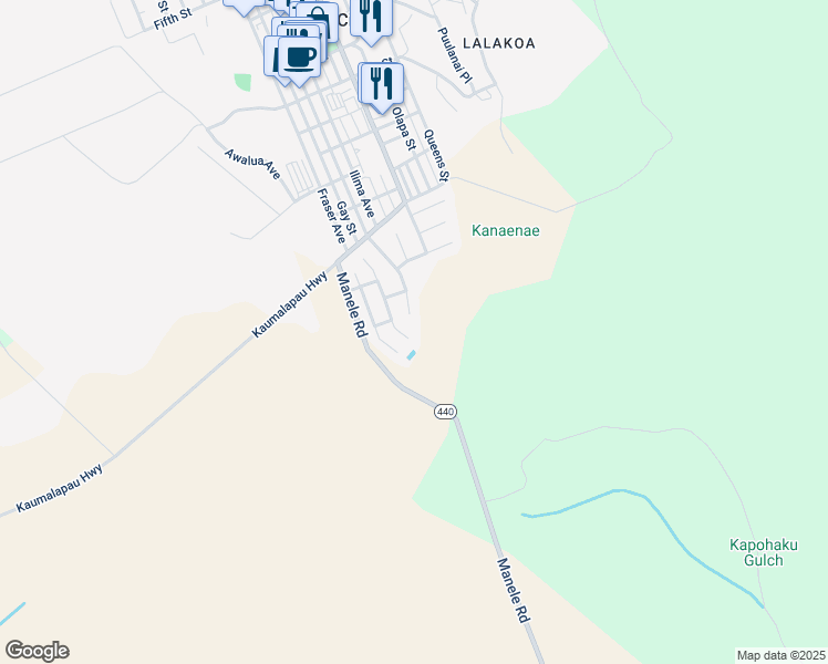 map of restaurants, bars, coffee shops, grocery stores, and more near 1561 South Hoalauna Place in Lanai City