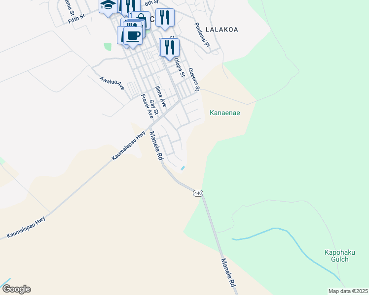 map of restaurants, bars, coffee shops, grocery stores, and more near 1525 Pakali Place in Lanai City
