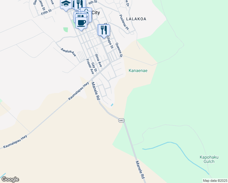 map of restaurants, bars, coffee shops, grocery stores, and more near 1525 Pakali Place in Lanai City