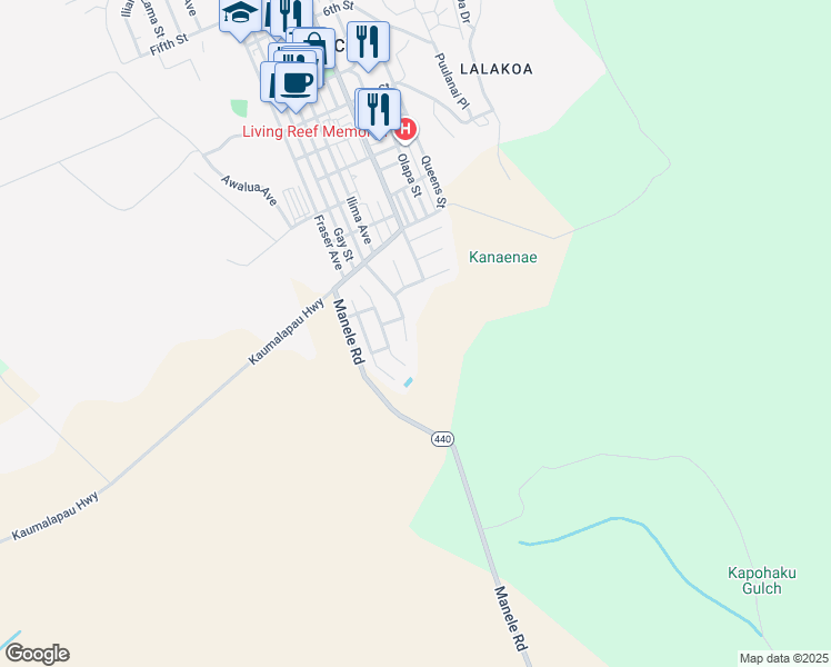 map of restaurants, bars, coffee shops, grocery stores, and more near 1525 Pakali Place in Lanai City